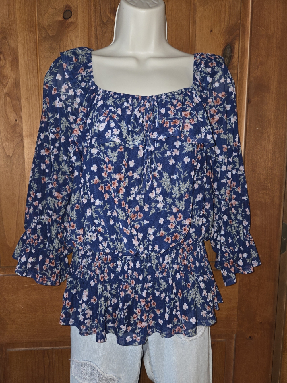 Ember Navy Blue Floral Square-Neck Peplum Blouse